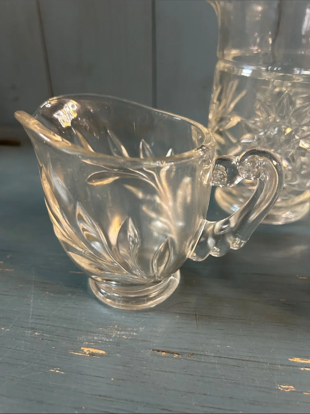 Clear Pressed Glass Pitcher, Sugar Bowl and Creamer Set - Elegant Cut Pattern